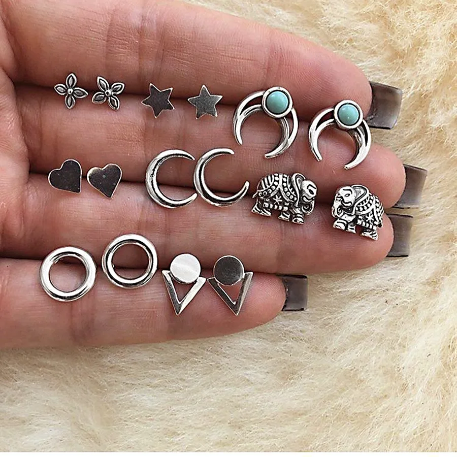 

Jewelry new pentagonal bohemian geometric stone crescent shaped 8 pairs of earrings set