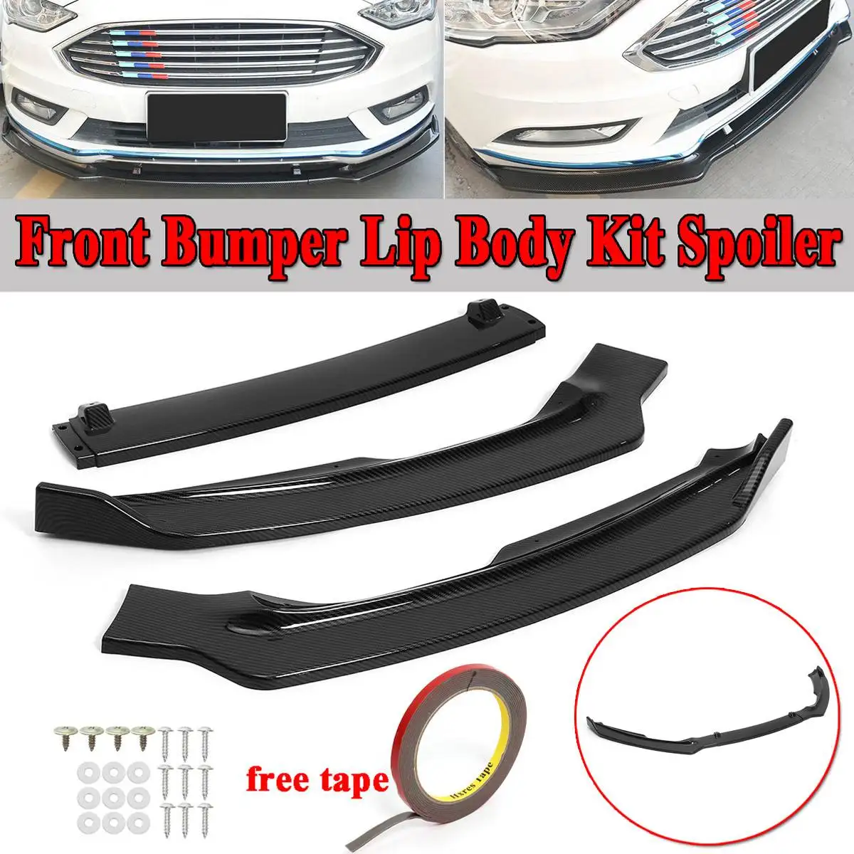 

3Pcs Car Front Lip Chin Bumper Spoiler Splitters Body Kit For Ford For Fusion For Mondeo 2017-2018 Carbon Fiber Look/Gloss Black