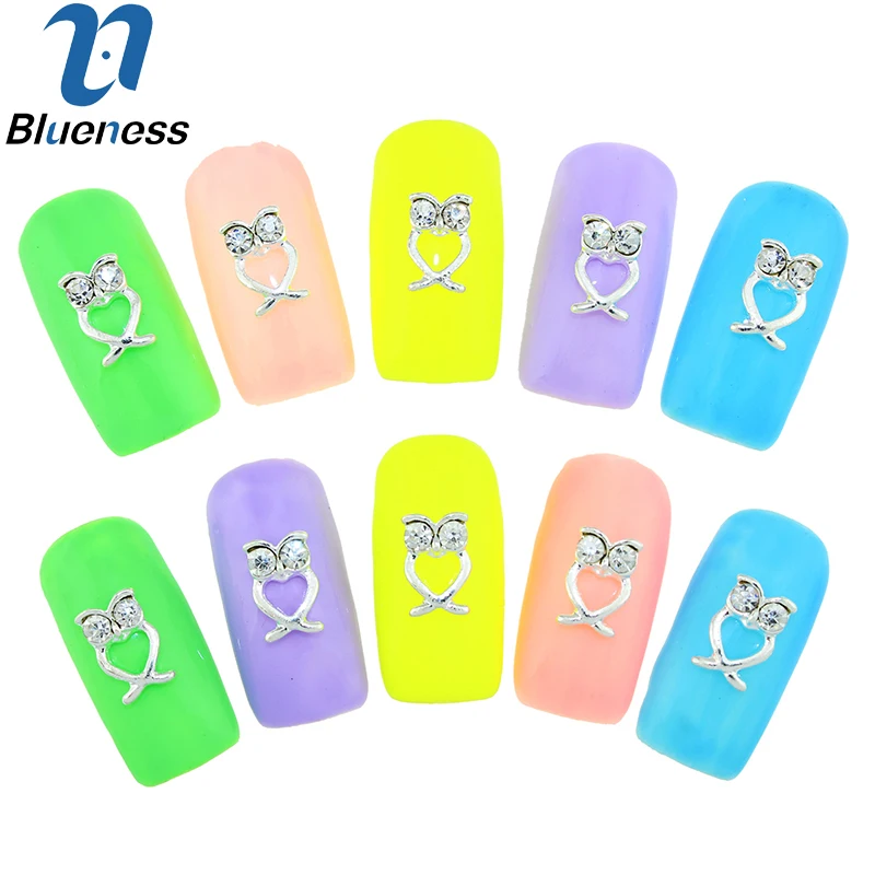 Blueness 10Pcs/Lot 3D Silver Alloy Hollow Owl Design Nail Art Crystal Rhinestones Decorations For Charms DIY Manicure TN1687 | Красота и