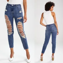 Рваные ковбойские эффект усов девять частей брюки женские повседневные джинсы больших размеров