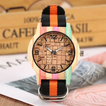 

Colorful Bamboo Watch Lady Quartz Women's Nylon Wristwatch Creative Vintage Bricks Design Display Wooden Watches Female reloj
