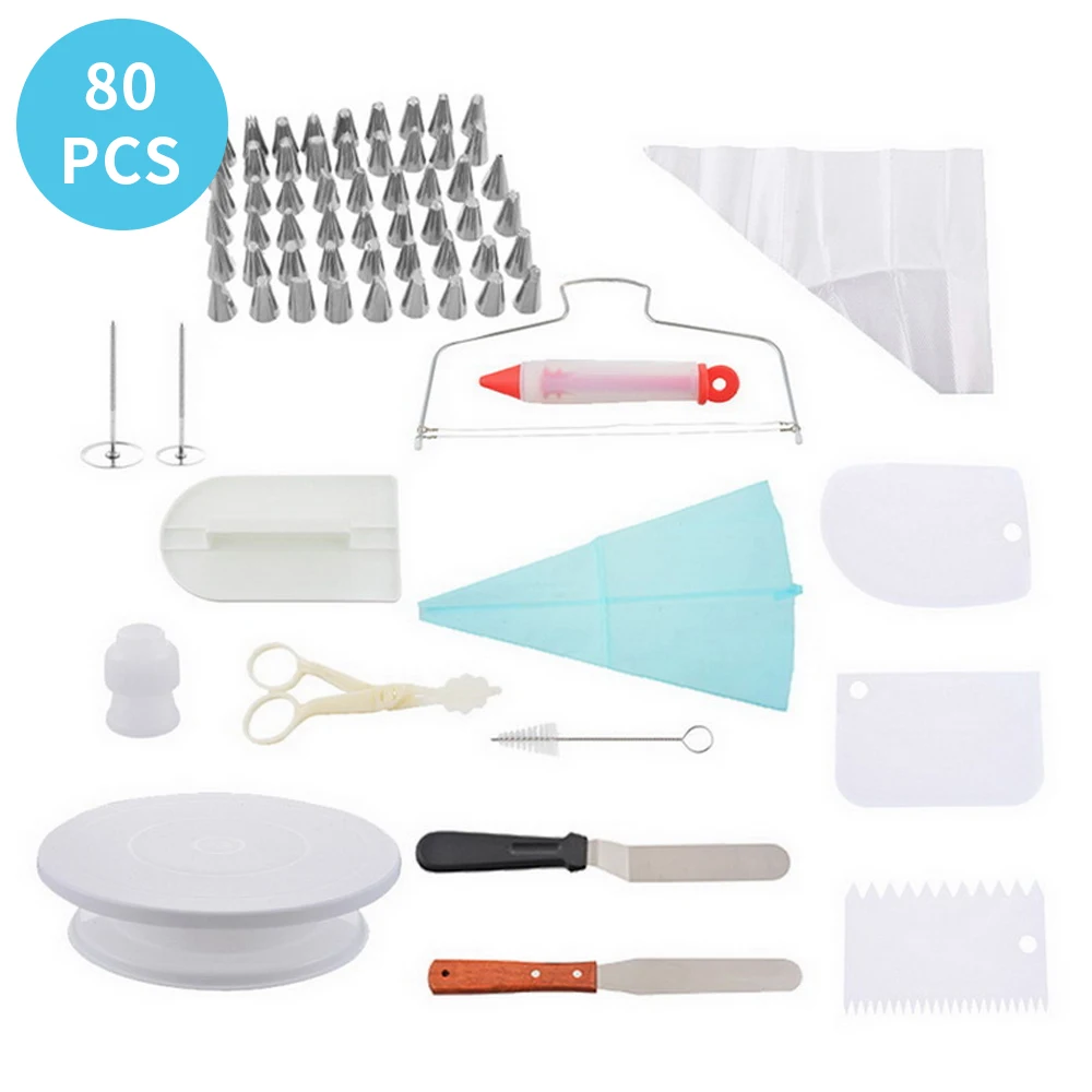 

80pcs Turntable Decorating Mouth Cake Making Tool Dessert Set DIY Cake Decorating Tips Stainless Steel Kitchen Nozzle Set