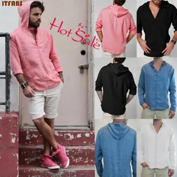 

Fashion Spring men's casual hooded slim shirt casual V-neck long sleeved Solid Shirts