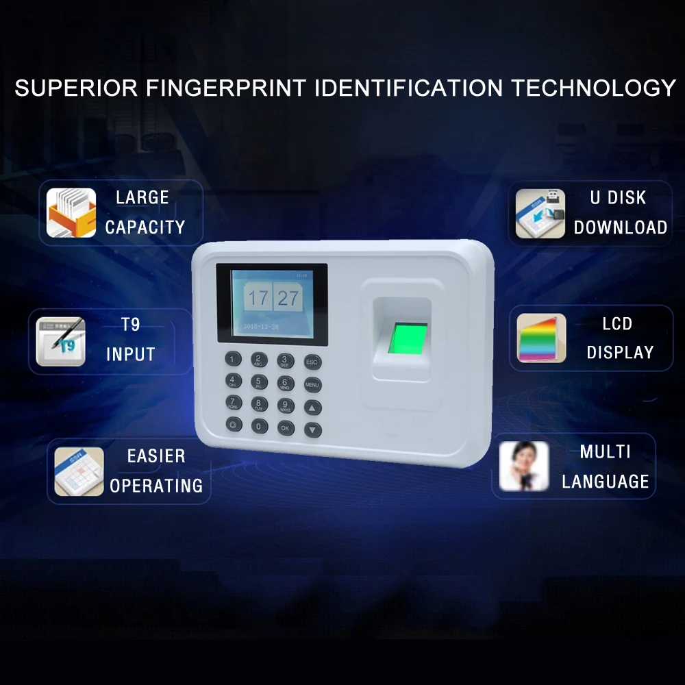 

Intelligent Biometric Fingerprint Password Attendance Machine Employee Checking-in Recorder 2.4 inch TFT LCD Screen DC 5V Time