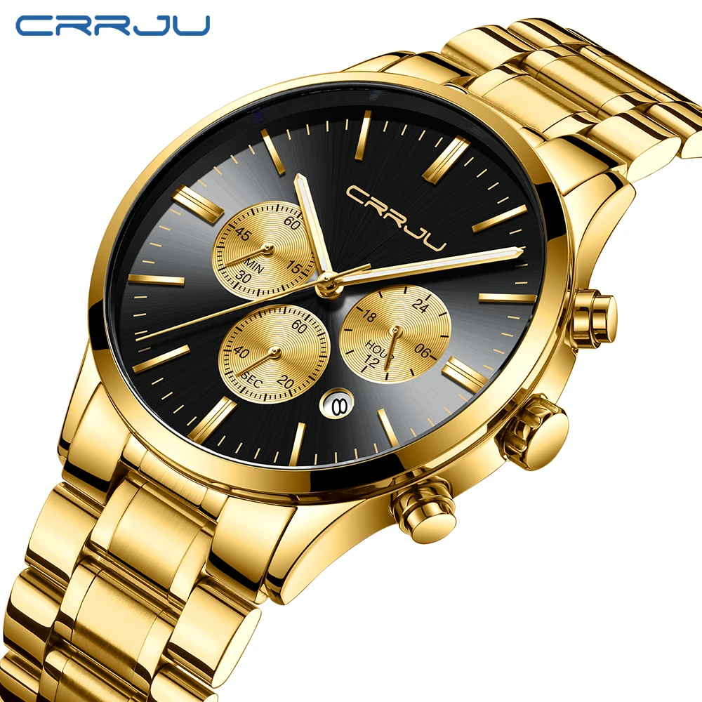 

CRRJU Fashion Sport Men Quartz Analog Watch Chronograph Waterproof Gold Stainless Strap Male Watches Clock Relogio Masculino