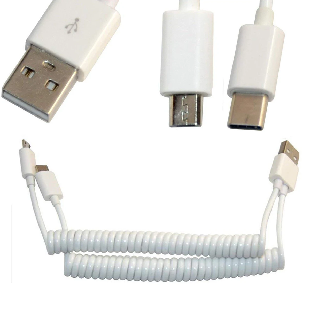2 в 1 USB 0 спиральный зарядный кабель м/3 3 фута A папа к C Type и Micro разъем зарядного