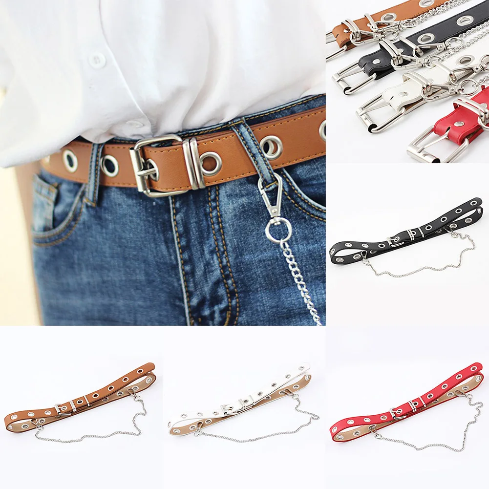 

Women Punk Faux Leather Belt Chain Metal Pin Buckle Waist Silver Chain Decorative Dress Belt Punk Hip Hop Jeans Belts Detachable