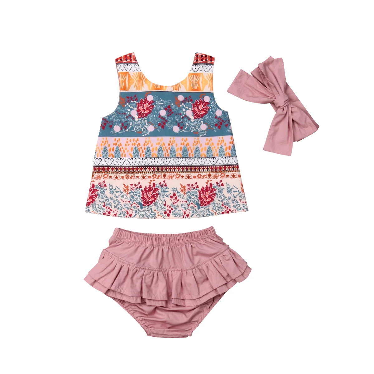 

Cute Newborn Baby Girl Sleeveless Back Cross Floral Vest Tops Tutu Skirted Shorts Bloomers Headband 3PCS Girls Clothing Set
