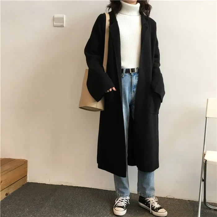 

New Female Big Pocket Knitted Outerwear Casual Turn-Down Collar Long Cardigan Autumn Winter Long Sleeve Solid Sweater