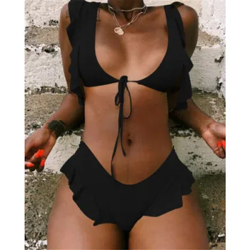

2Pcs/Set Swimwear Women Ruffles Floral Bikini Set Women High Waisted Tie Knot Swimsuit 2019 Sexy Beachwear Lace-up Bathing Suit