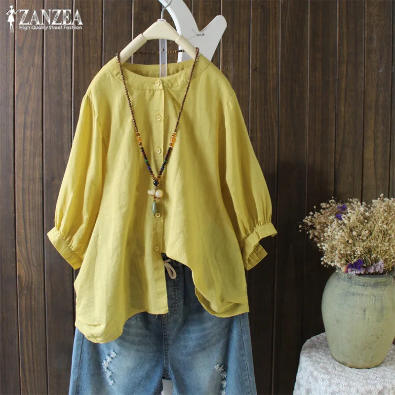 

Plus Size Women's Linen Blouse 2019 ZANZEA Vintage Lantern Sleeve Tee Shirts Button Down Chemise Femme Casual Blusas Summer Tops