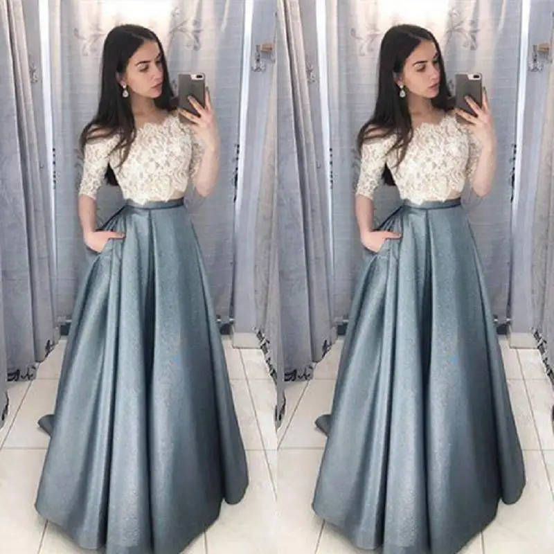 

Modest Lace Two Piece Prom Dresses 2019 Half Sleeve vestidos de gala A Line Imported Party Dress Formal Women Pagean Gowns