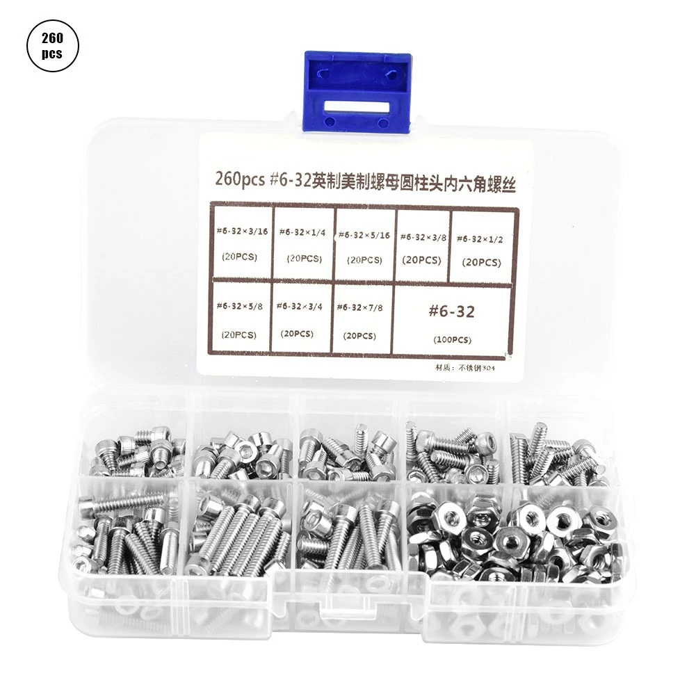 

260pcs/set #6-32 Stainless Steel Hex Socket Cap Head Screws and Nuts Assortment