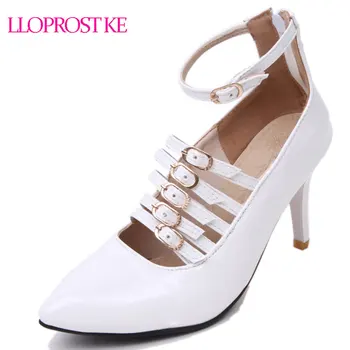 

Lloprost ke 2019 Spring Patent Leather Gladiator Pumps White Buckle Strap Pointed Toe Thin Heel Woman High-heeled Shoes Woman