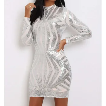 

U-SWEAR Sexy Womens Long Sleeve Sequins Slim Fit Shiny Mini Short Dress Nightclub Casual Europe Dress Vestidos De Fiesta