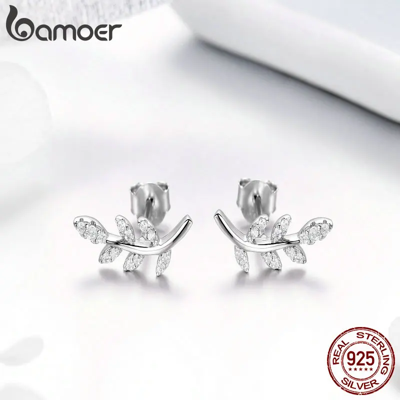 BAMOER Authentic 925 Sterling Silver Spring Leaf Leaves Clear CZ Zircon Stud Earrings for Women Fashion Earrings Jewelry BSE031