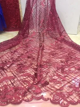 

African Lace With red Sequins Embroidery Textile Lace Fabric High Quality Sequins French Tulle Lace Fabrics For Wedding