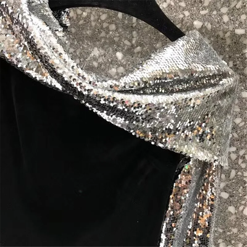 TWOTWINSTYLE Patchwork Sequins Velour T-shirts For Women Asymmetric Collar Long Sleeve Loose Tops Female T-shirt Elegant Clothes