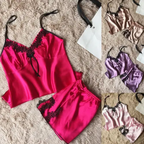 

Sexy Lingerie Women Sleepwear Sleeveless Strap Nightwear Lace Trim Satin Cami Top Sets Underwear New Style NightGowns Sleepwear
