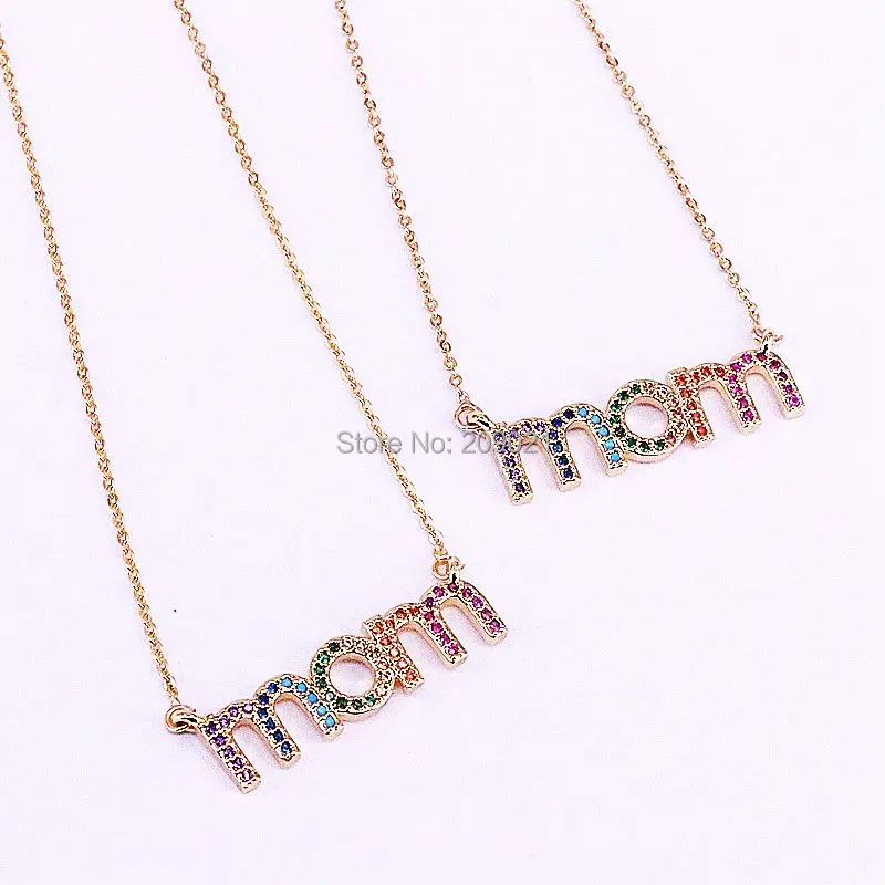 

10Pcs Gold Chain Necklace Multi-color CZ Cubic Zirconia Micro Pave Mom Letter Necklaces For Women