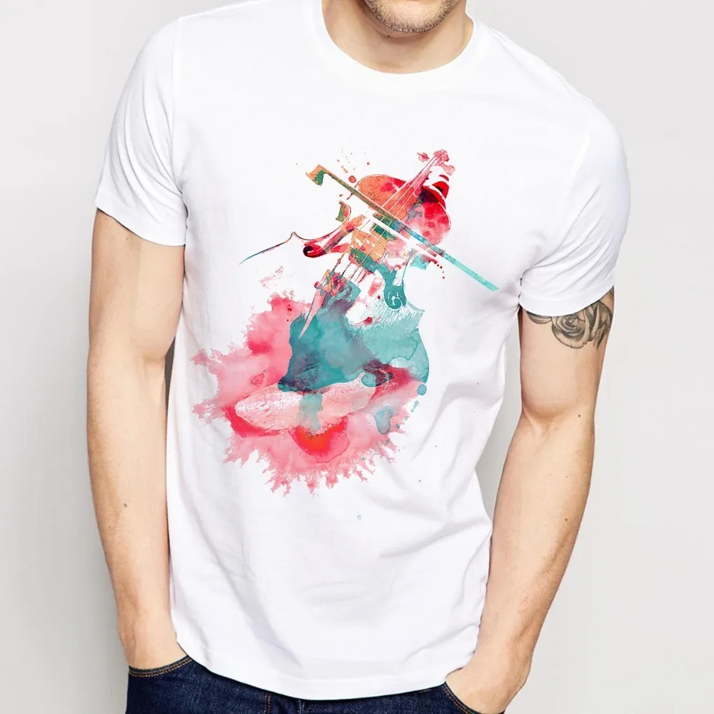 

watercolor Art of Music funnu t shirt men 2019 summer new white casual homme cool Violin and tuba tshirt unisex
