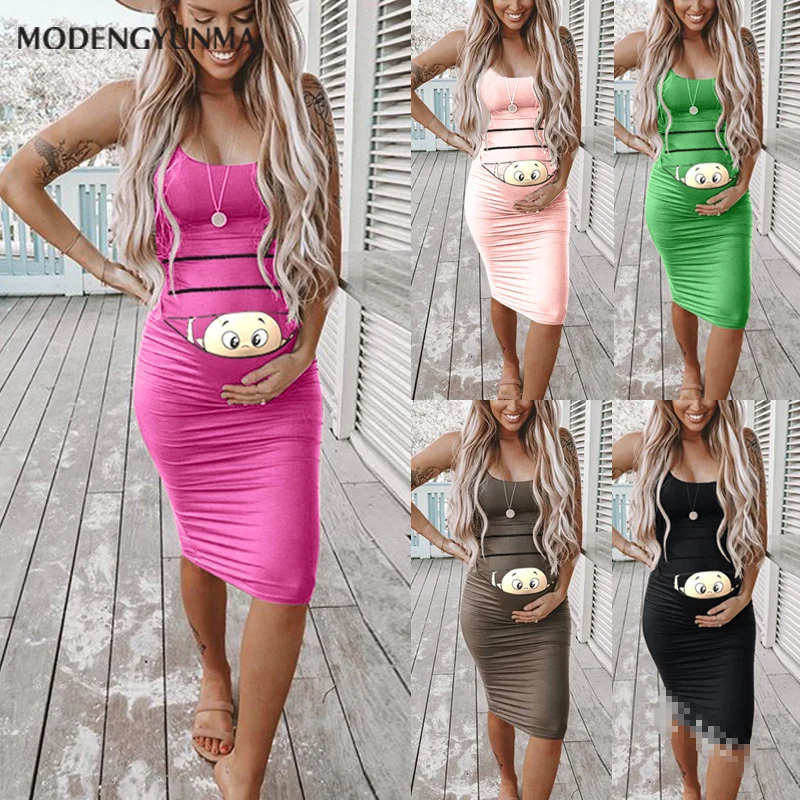 

Hot Sale Cartoon Women's Fashion Cute Baby Printed summer pregnant dress Sleeveless maternity dresses casual Maternity clothes