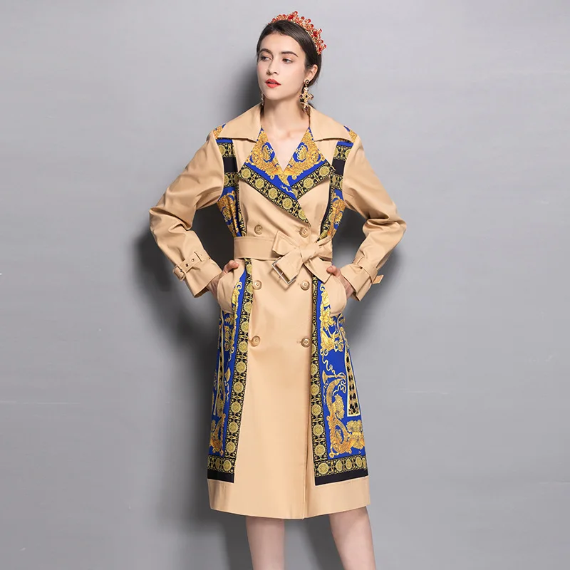 

Spring Autumn Womens Coat With Sashes Retro-Palace Printed Slim Elegant Adjustable Waist Long Overcoats Office Lady Fashion Coat