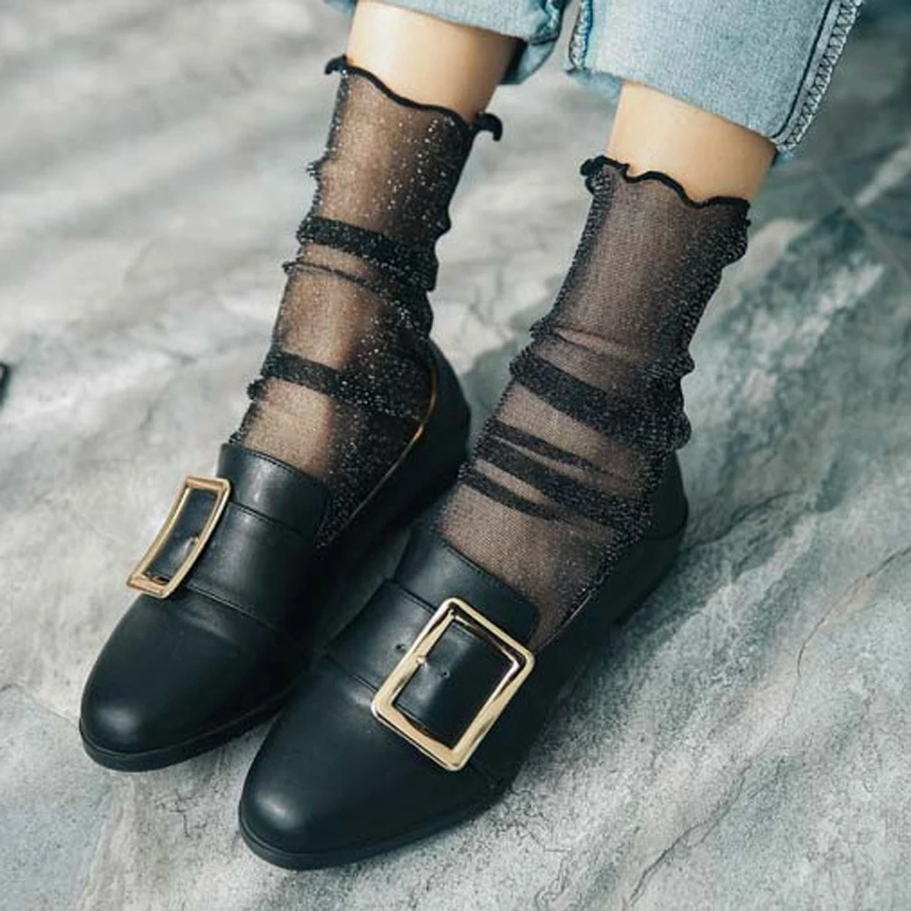 

Fashion Glitter soft Mesh Socks Women Transparent Elastic Sheer Ankle Socks Sexy Ultrathin Black Net Socks Summer