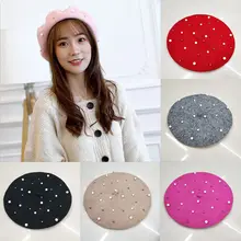 Женские милые однотонные теплые шерстяные Зимние береты французский артист шапочка Лыжная Шапка Кепка шапки красный черный серый верблюжий