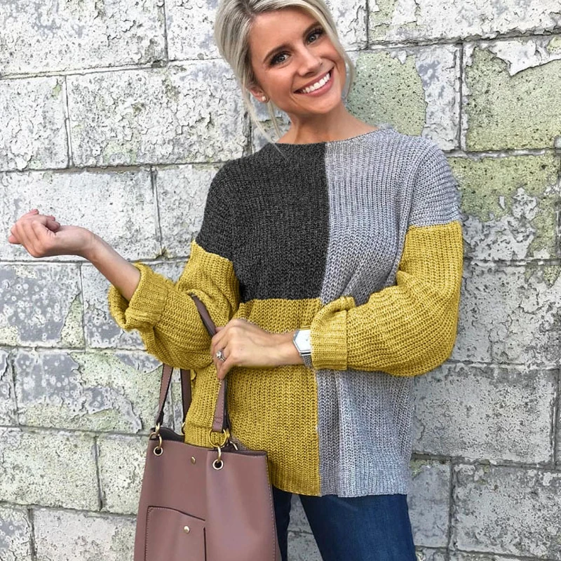 Sweater Women Long Sleeve Soft Knit Sweater Top Women Autumn Round Neck Knitted Ribbed Jumper Patchwork Sweaters