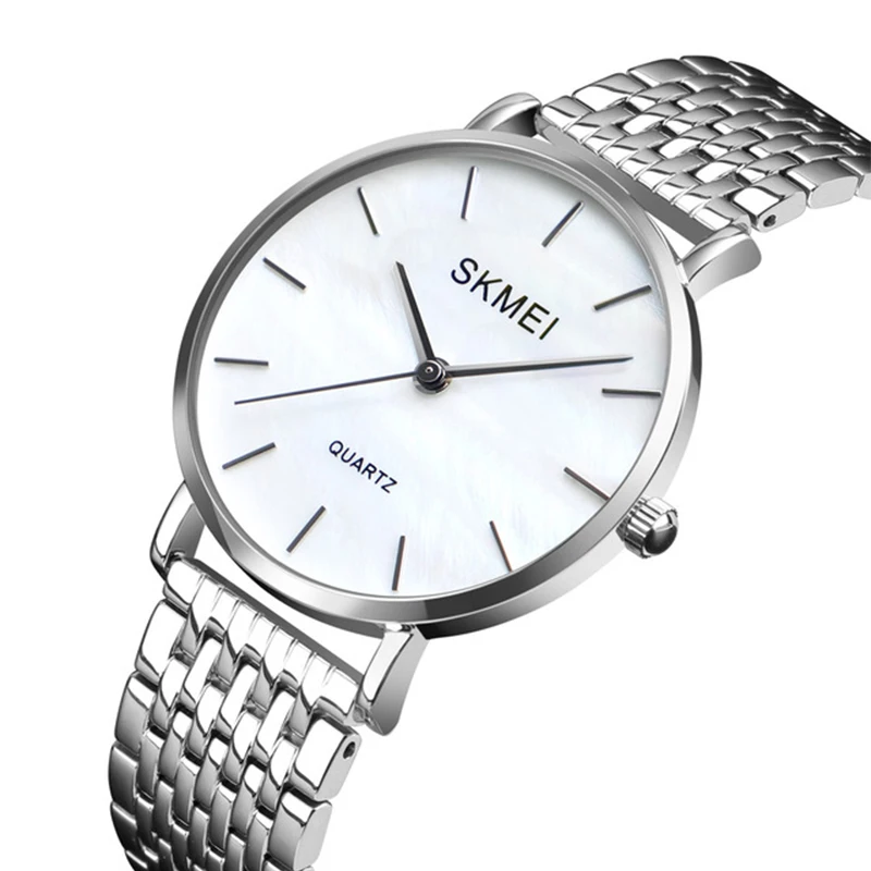 

SKMEi Ladies Fashion Stainless Steel Ultra-Thin Silver Strap Analog Quartz Watch Simple Style Design Bracelet Watch Ladies Clo