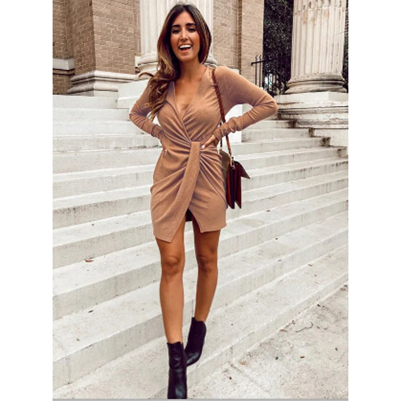 Winter Women Solid V Neck Sweater Long Shirt Cocktail Party Dress