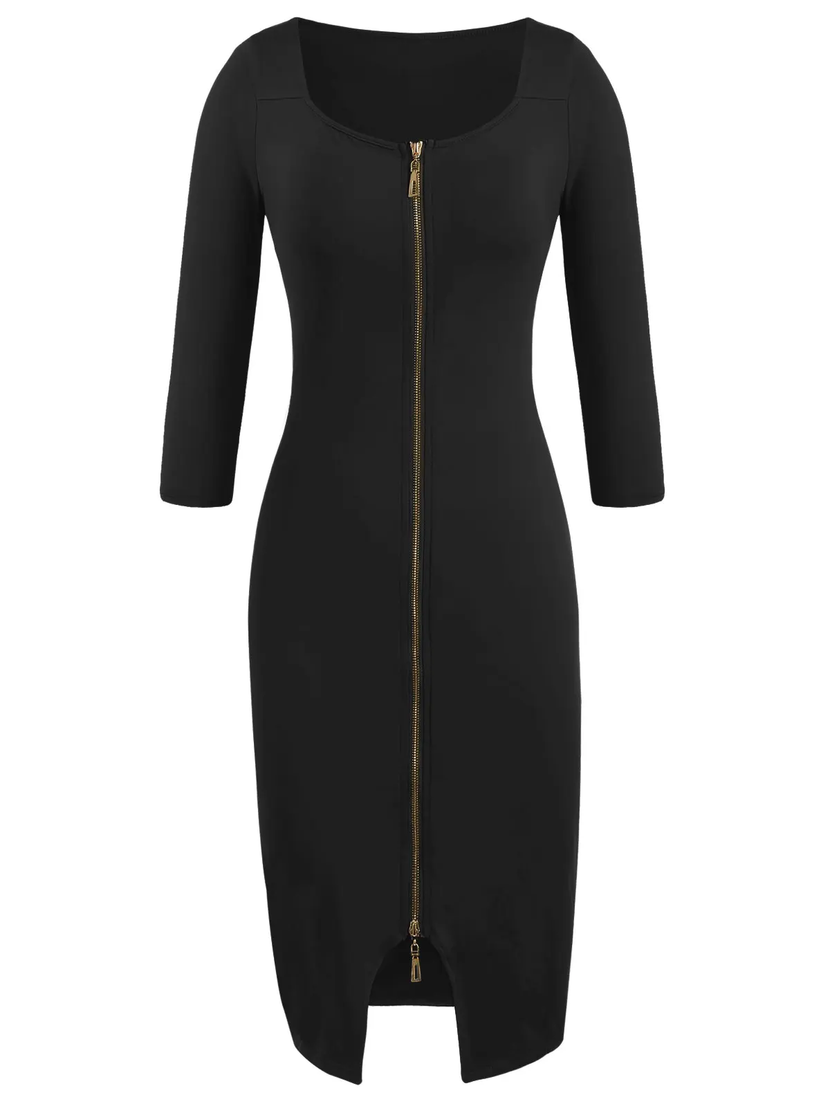 

Retro Women Bodycon Dress Scoop Neck Long Zip Up Solid Color Business Office Lady Dress Long Sleeves Feminino Vestidos Robe