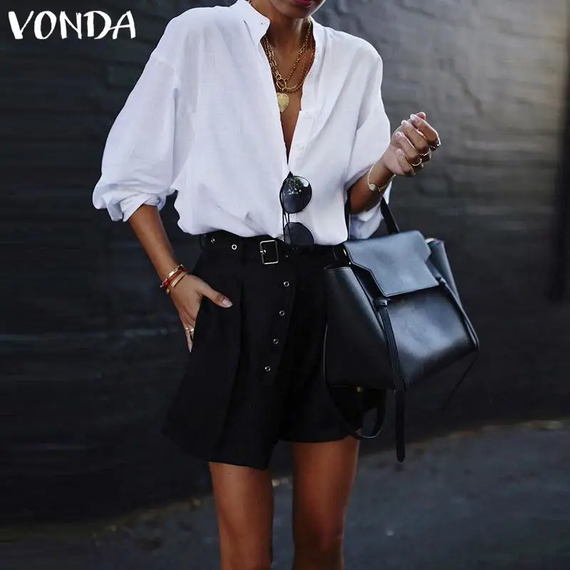 

VONDA 2019 Office Lady Elegant Lantern Sleeve Deep V Neck Solid Blouse Summer Sexy Women Tops And Blouses Plus Size Shirt