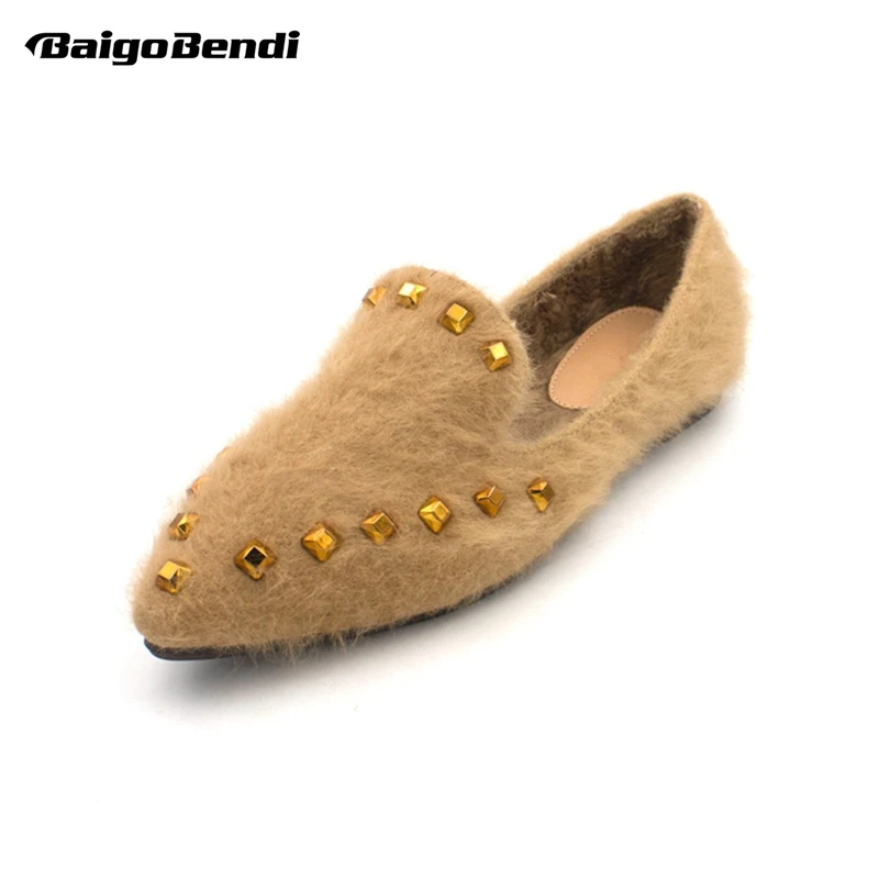 

EUR Size 35-41 Imitation Fur Flats Woman Short Plush Flats Pointed Toe Rivet Ballet Flats Girls Winter Fur Flat Shoes