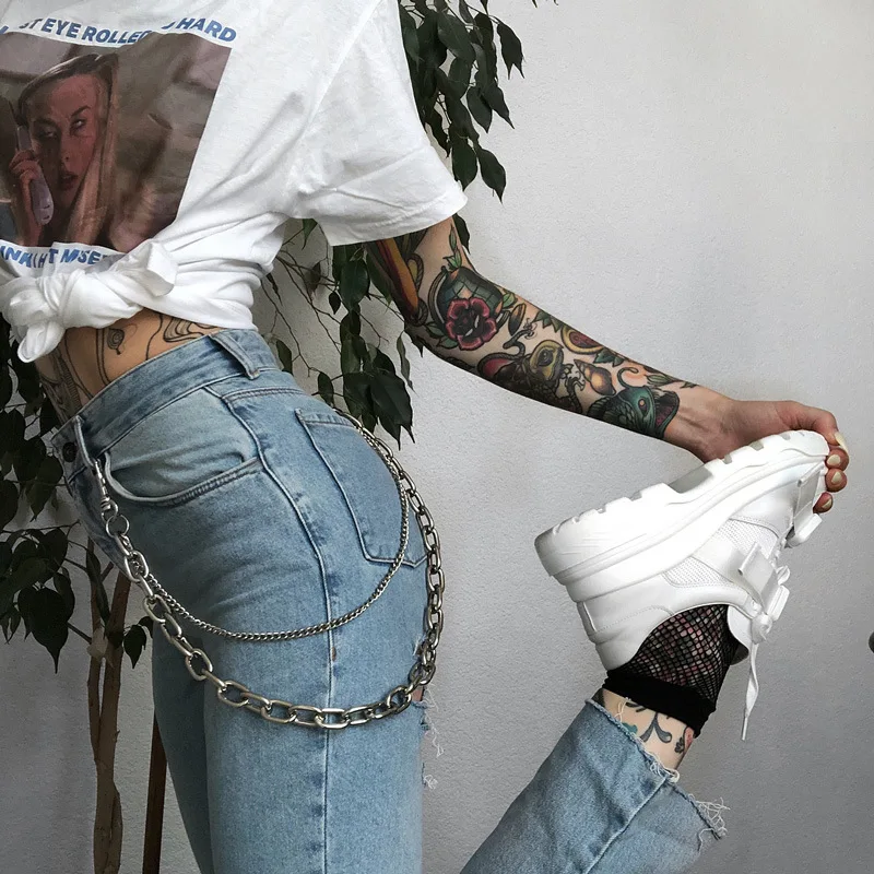 Spring Vintage Women's Ripped Mom Jeans High Waist 2019 Summer Chain Slim Harajuku Straight Trousers With Holes Women Streetwear