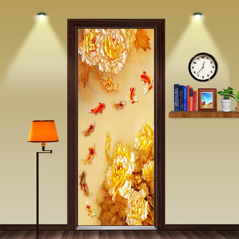 Creative Door Decoration Gold Flower Fish Stickers Waterproof Renovation Bedroom Personality Decals Home Art Mural | Обустройство