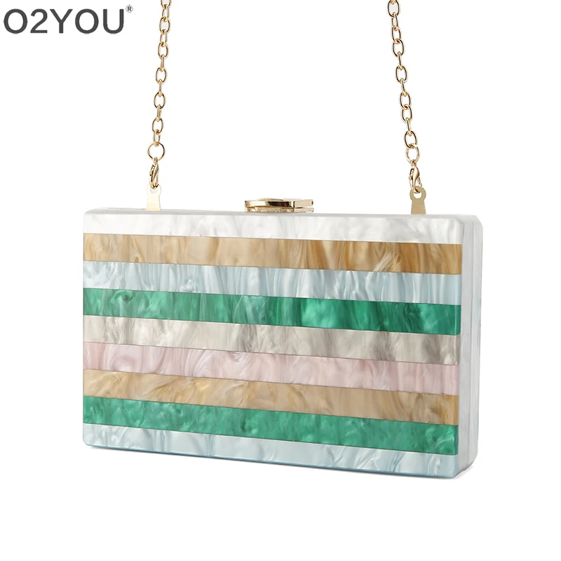 

Colorful Striped Patchwork Acrylic Bag Metal Clasp Black Fabric Chain Women Brand Lady Travel Party Acrylic Box Purse Wallet