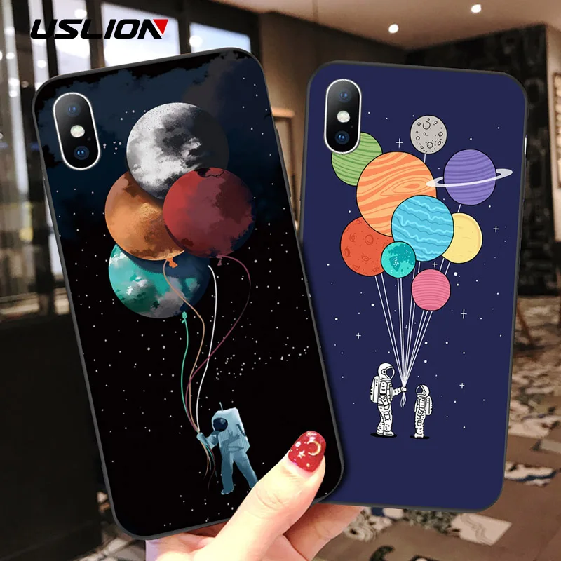USLION Cartoon Astronaut Phone Case For iPhone 7 6 6s 8 Plus XS Max TPU Silicon Cases For iPhone X XR 5 5S SE Moon Stars Cover