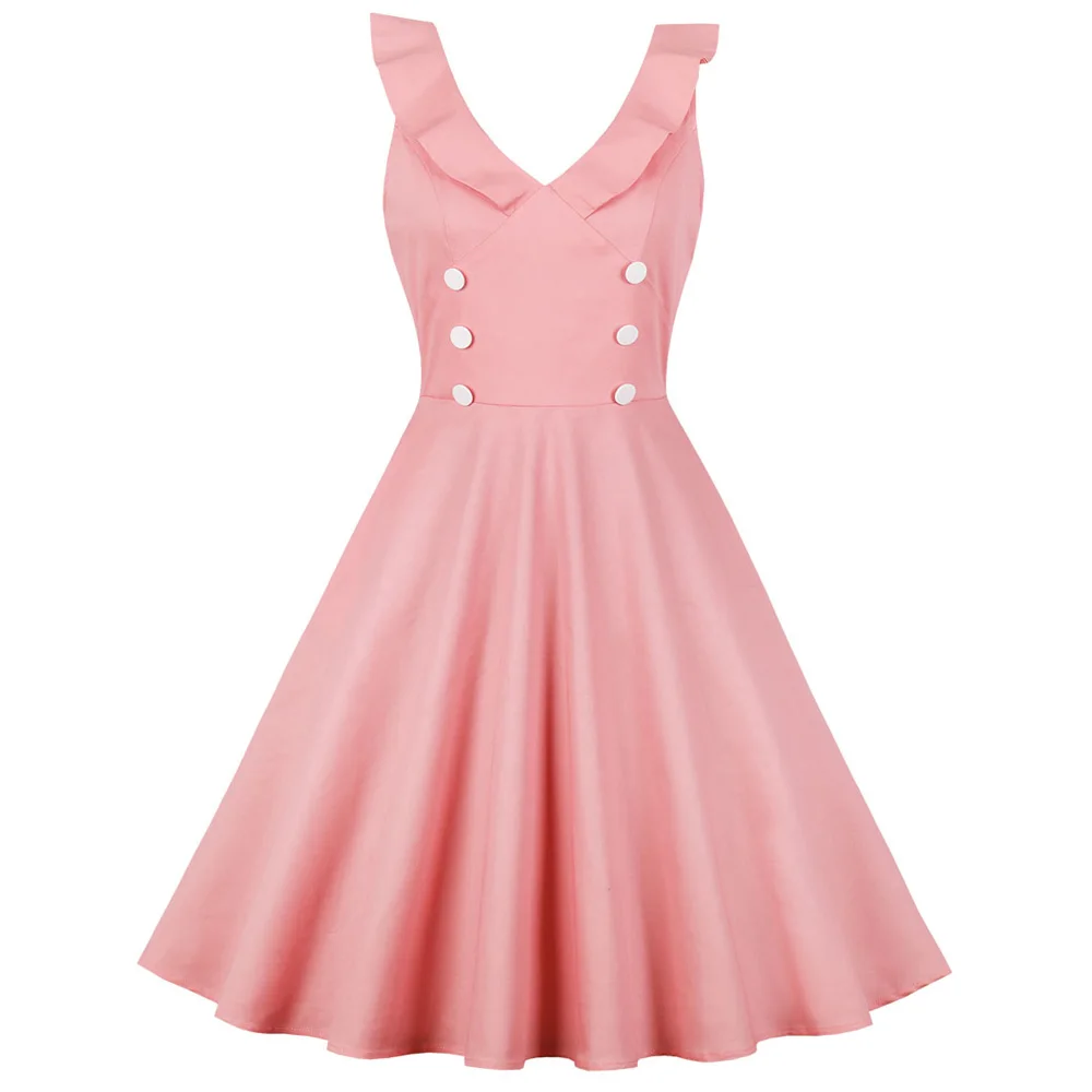 

Joineles Sexy V Neck Ruffles Summer Retro Women Dress Solid Button Vintage Style Women Dress Zipper Vestidos Robe Dress Tunic