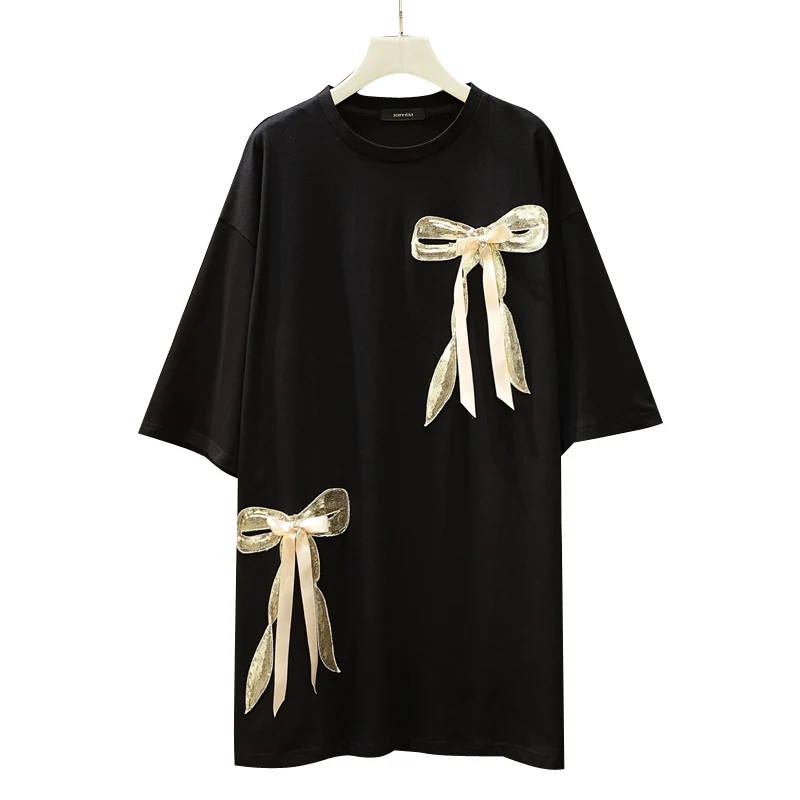 

5XL Large Size Clothing Women Sequined Bow Dress Black 2019 Summer Half Sleeve Long T-shirt Dresses Ladies Elegant Midi Dress