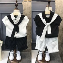 От 0 до 7 лет, детский костюм для маленьких мальчиков летние топы с короткими рукавами, рубашка с галстуком+ шорты в полоску комплекты из 2 предметов Одежда для мальчиков костюм джентльмена, блейзер