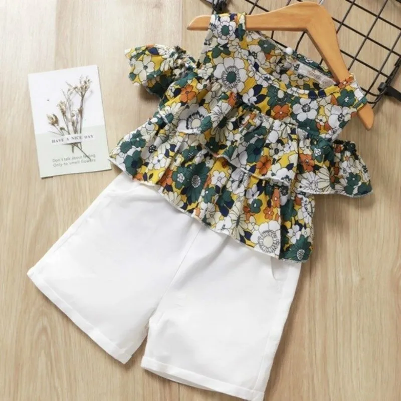 

Girls Suit 2019 Summer New Girls Short Skirt + Shorts Suit Children's Clothing Flower Girl Short Skirt Suit