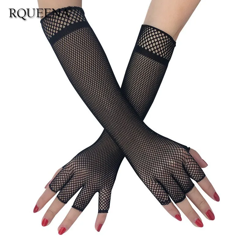 

Rqueena European Style 2019 Women's Gloves Black/White Long Thin Sexy Mesh Fishnet Fingerless Gloves For Women Clubwear GL004