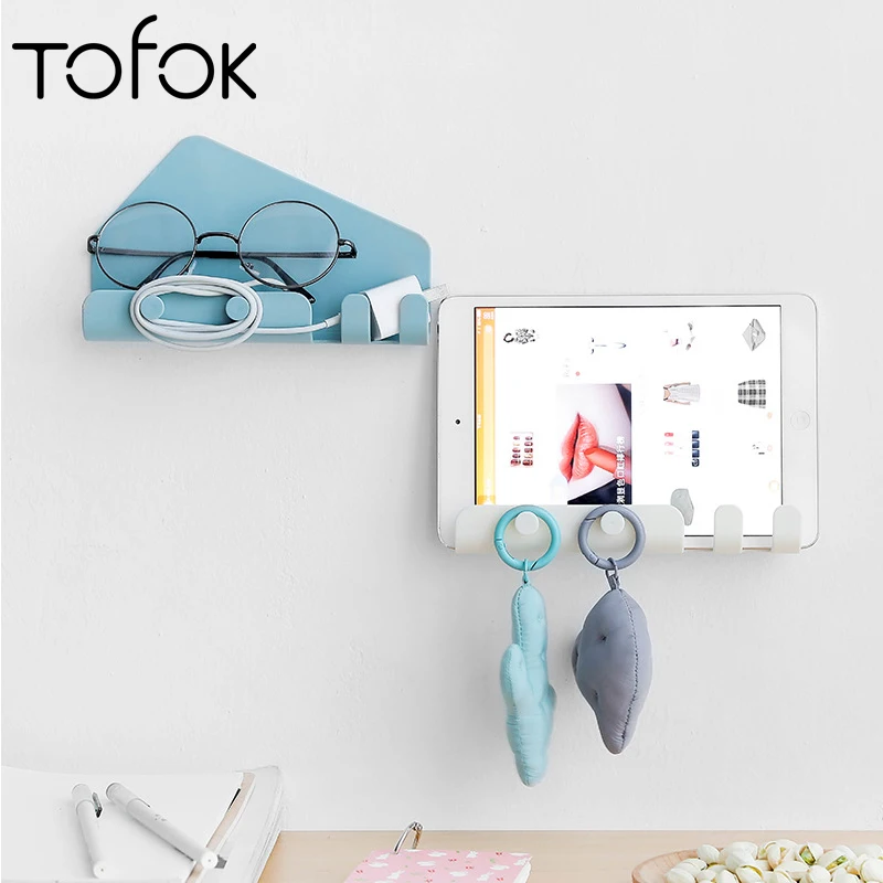 

Tofok Mobile Phone Shelf Wall Holder With Hook Tablet Ipad Charging Bracket Power Storage Rack Plug Keys Razor Towel Organizer