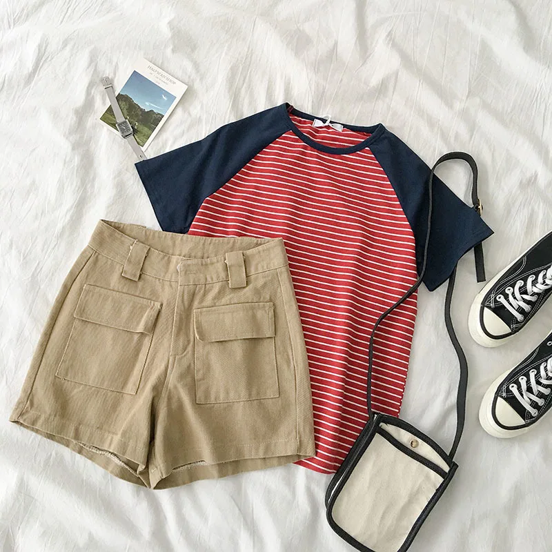 

Safari Striped Short Set Summer 2019 Casual Solid Short Set Two Pieces Set Short Sleeve T-shirt Summer Set