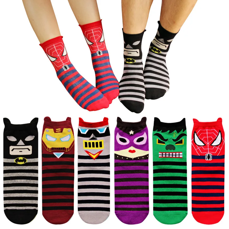 

new version Marvel striped print socks cotton Iron man Spider Man autumn men women red cartoon cute Q version casual funny novel