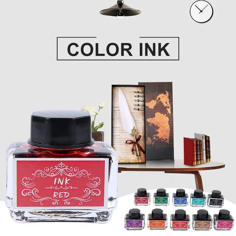 

Liquid Ink 20PCS Retro Feather Squirt Pen Non-Carbon Color Ink 15ml With 10 Colors 2 Bottles For Each Color