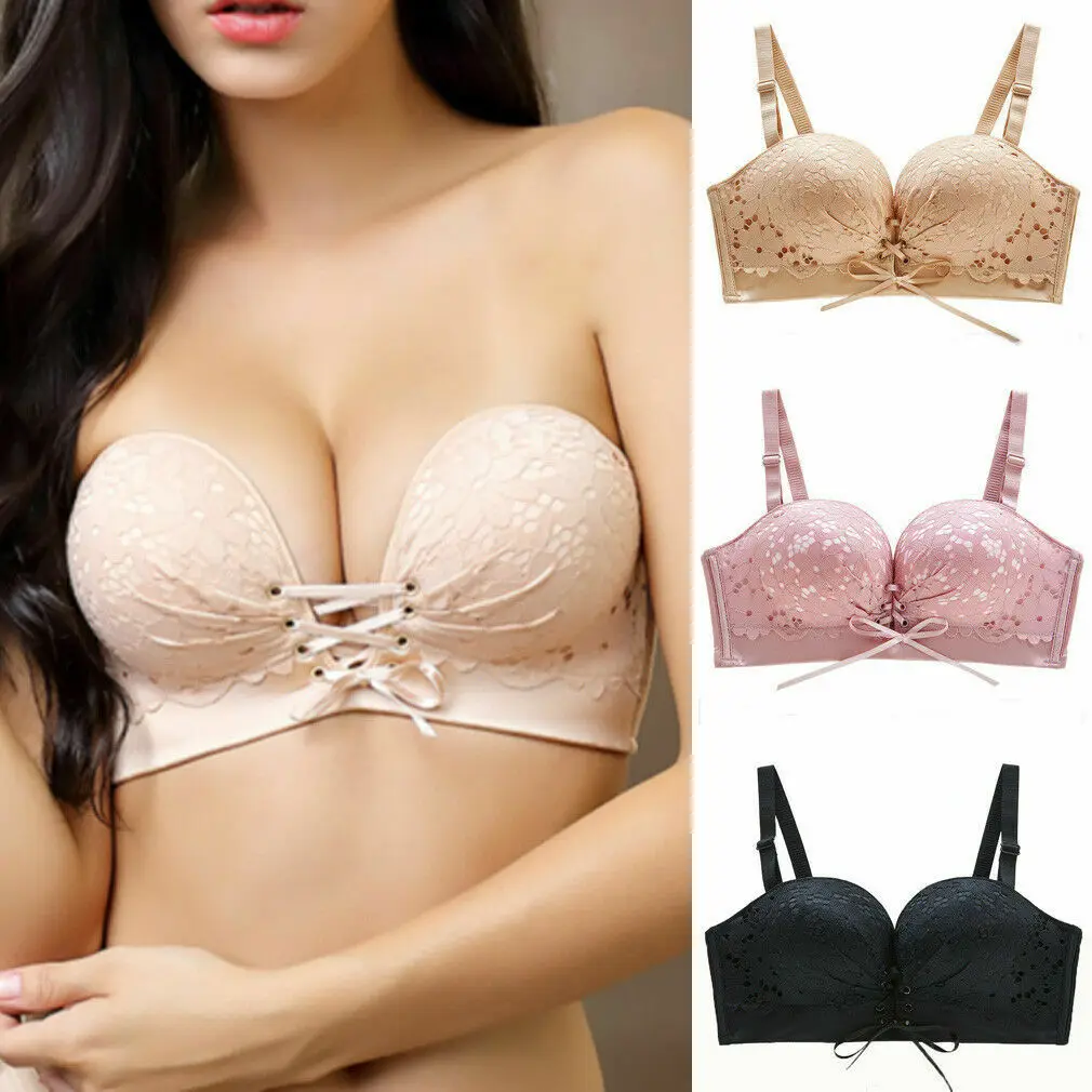 

Lady Girls Bridal Lace Floral Push up Bra Woman Thick Padded Support A/B Cup Strapless Lingerie Seamless Bras