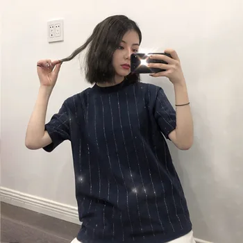 

Drilling Sparkling Short Sleeve Woman Spring Clothes New Pattern Fashion Long T Shirt